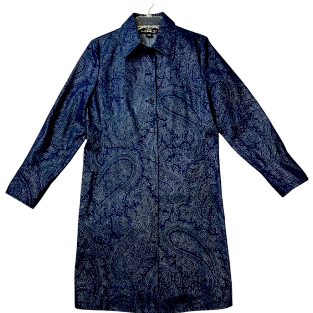 Linda Allard Ellen Tracy Denim Trench Coat Duster Paisley Boho Festival Sz 8